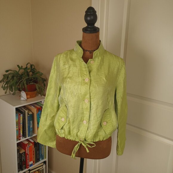 90s Lime Green Boho Whimsygoth Crinkle Jacket Rayon Blend Button Front Linear - Picture 7 of 7